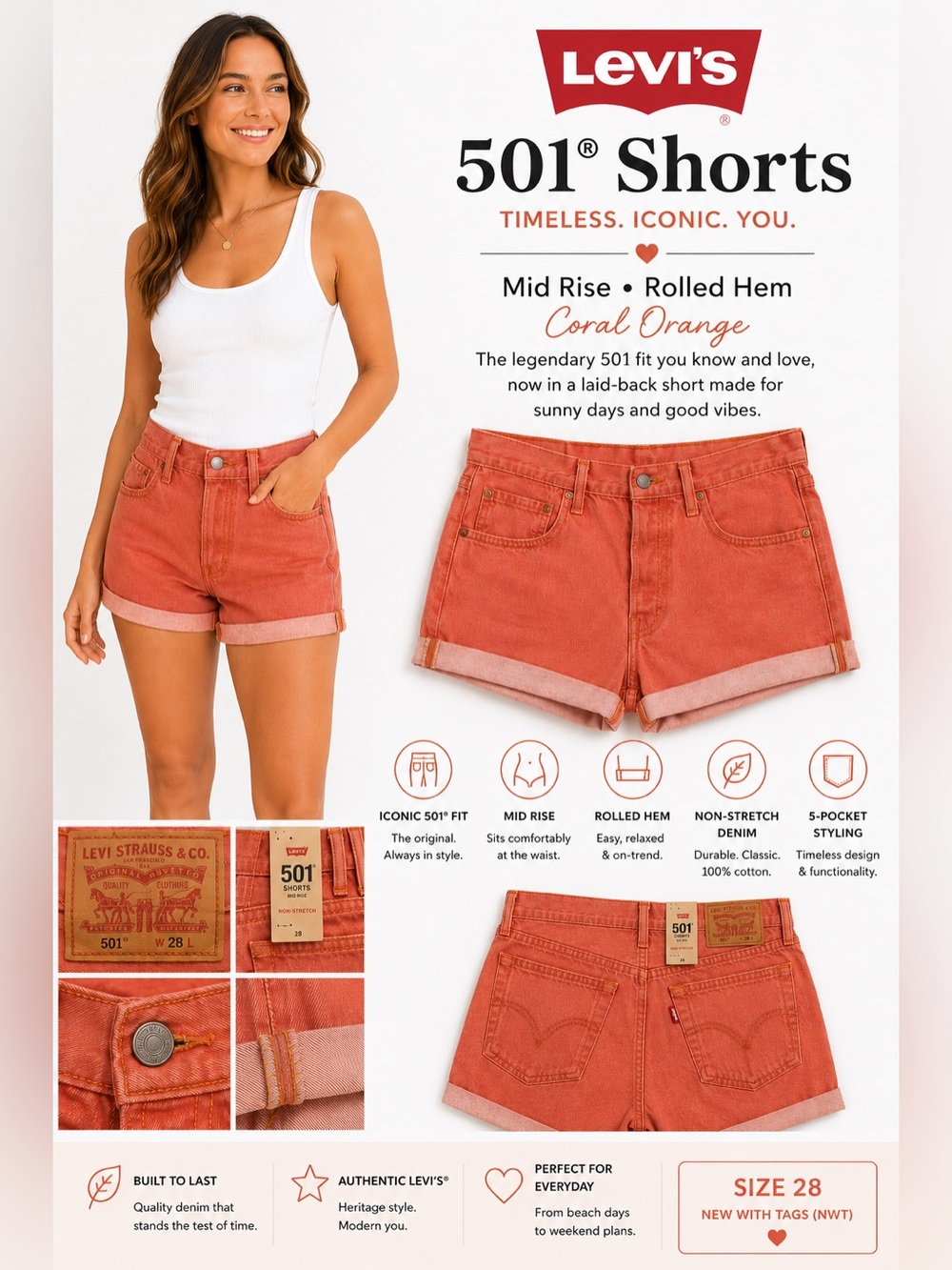 NWT Levi's 501 Mid Rise
Shorts Coral Orange Button
Fly Rolled Hem Size 28